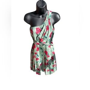 100% Silk Express Green Pink Floral One Shouldered Cocktail Dress size 2